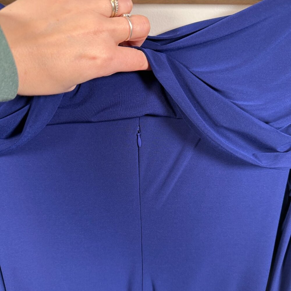 Xscape Formal Dress Gown Size 18W Blue Draped Off the Shoulder Wedding Event - Picture 9 of 12
